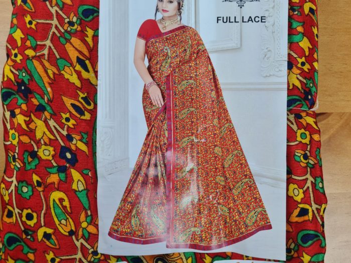20220506_175406 Sari indiano de seda estampa floral e paisleys vermelho e color