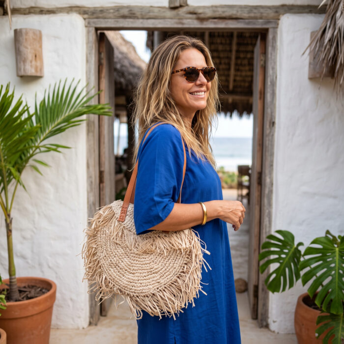 Bolsa Balinesa design Boho chic de palha com franjas e alça courino