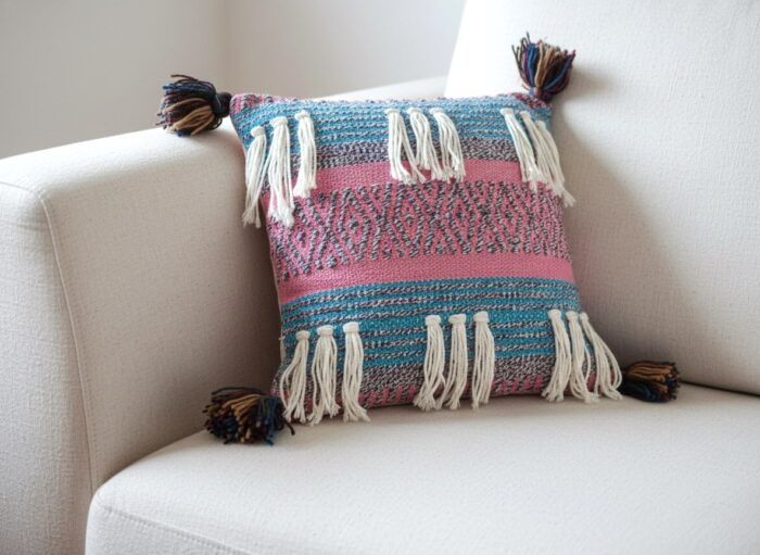 Almofada algodão rosa e azul com tassel nas pontas 40cm