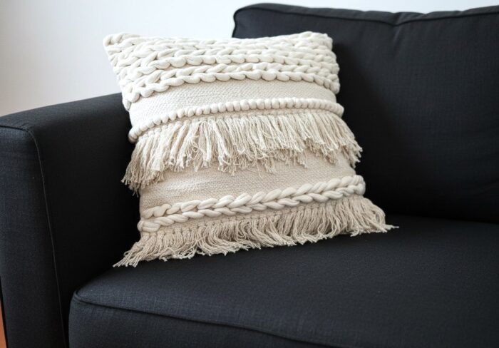 A Alma do Estilo Boho: Textura e Aconchego Existem peças que transformam instantaneamente a energia de um ambiente, e esta almofada balinesa é o exemplo perfeito. Com uma estética que transita entre o rústico chique e o estilo boho, ela se destaca pelo contraste sublime entre o tom cru-creme e a força do algodão trabalhado. Os Detalhes que Encantam: Trama Rica: O corpo da peça apresenta diferentes relevos, desde tranças encorpadas que trazem volume até faixas de pontos pipoca que convidam ao toque. Movimento das Franjas: As camadas de franjas desfiadas dão leveza e um ar despojado, quebrando a rigidez de qualquer móvel e trazendo um "movimento estático" muito elegante. Material Natural: Feita em algodão rústico, ela evoca a natureza e a simplicidade, proporcionando um conforto que vai além do visual — é um abraço em forma de decoração. No Décor Posicionada sobre um sofá de linho escuro, ela cria um contraste dramático e sofisticado. O preto do estofado serve como a moldura perfeita para que cada detalhe da trama clara ganhe vida, revelando a complexidade do trabalho manual. "É o toque final para quem busca um refúgio urbano com essência artesanal.
