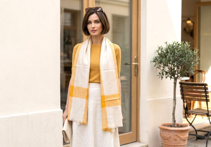 Pashimina indiana de cashmere estampa paisleys creme e mostarda