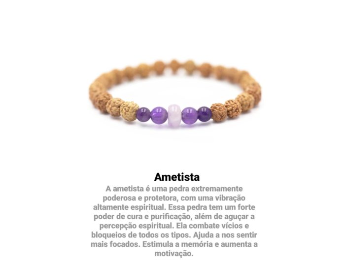 pulseira feita com Rudrakshas verdadeiras em Bali, com pedras ametista