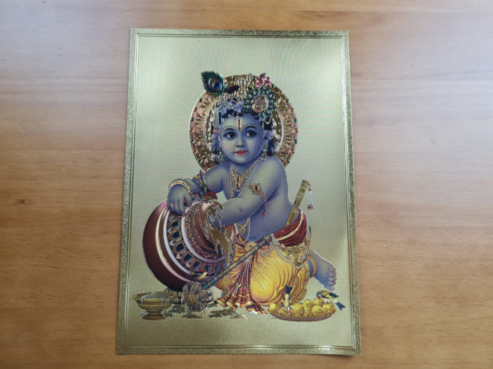 lâmina decorativa de Krishna, dourada, fabricada na Índia