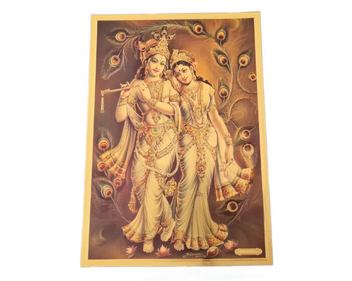 Folha laminada dourada para enquadrar e pendurar Radha e Krishna 30x21 cm