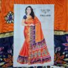 Sari indiano de seda estampa floral com for de lótus laranja e azul