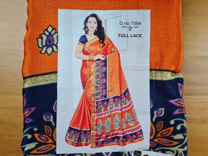 Sari indiano de seda estampa floral com for de lótus laranja e azul