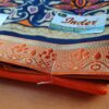 Sari indiano de seda estampa floral com for de lótus laranja e azul