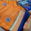 Sari indiano de seda estampa floral com for de lótus laranja e azul