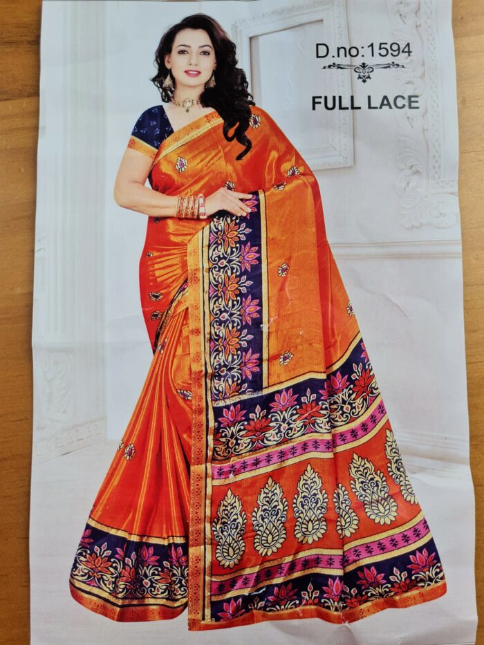 saree de seda indiano laranja e azul floral