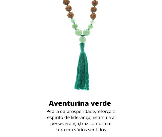 Japamala de Rudrakshas de Bali com pedras Aventurina Verde