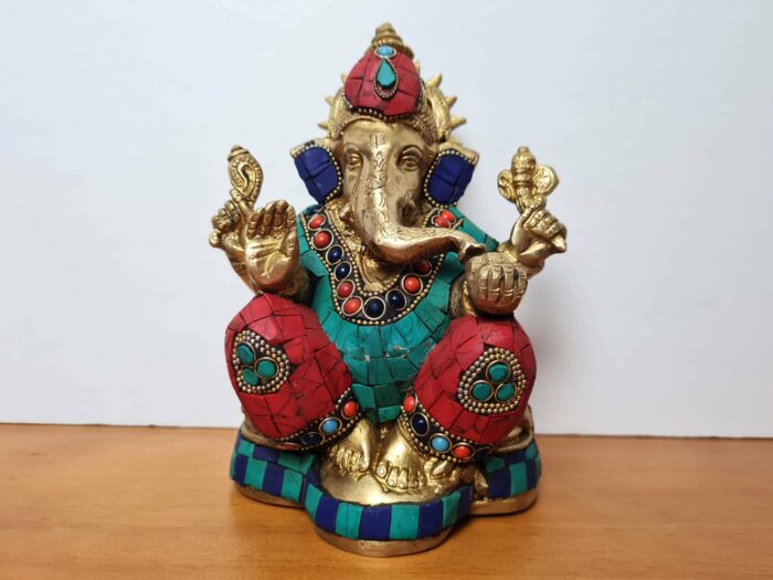 Estátua de Ganesha de metal brass com pedras naturais 16cm, 1,820g (pesada e acabamento incrível), by Índia