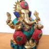 Estátua de Ganesha metal brass com pedras naturais embutidas 16 cm