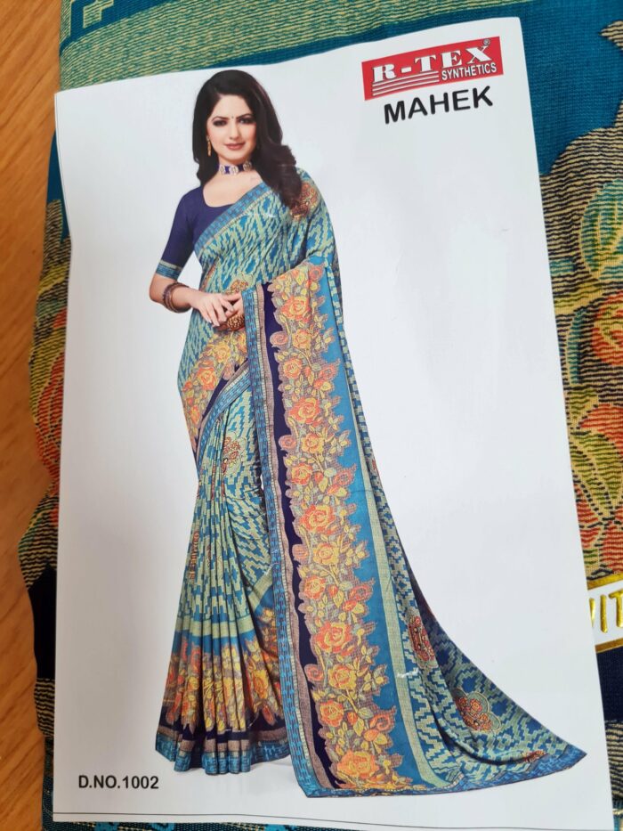 20230109_223810 Sari indiano viscose com estampa floral e geométrica verde e azul