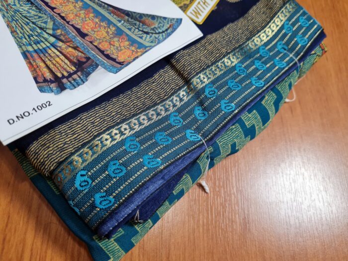 20230109_223821 Sari indiano viscose com estampa floral e geométrica verde e azul