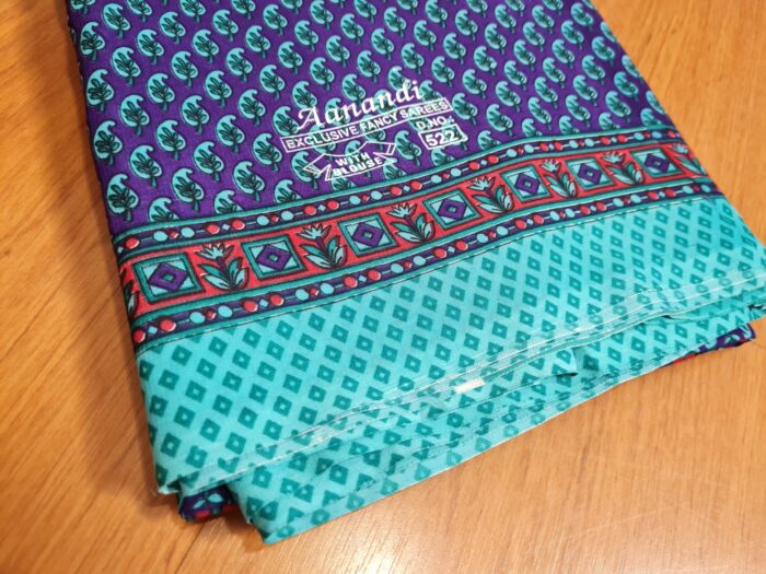 Sari indiano viscose com estampa arabescos e floral azul e turquesa
