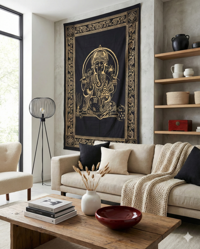 Gemini_Generated_Image_72ht1i72ht1i72ht Colcha indiana ou painel de tecido decorativo, de algodão, com imagem do Deus hindú Ganesha. Coleção Gold Black. 215cmx140cm