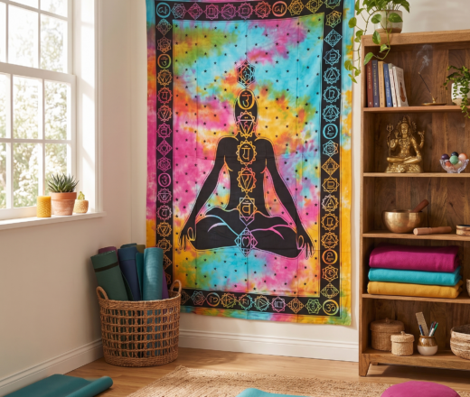 Panô indiano com técnica Batik estampa de Iogue e Chakras color 2,0m