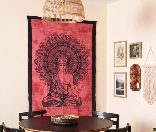pano de bud decorativo em tie dye terracota e preto Panô indiano de algodão estampa de Buda coral terracota 2,10m