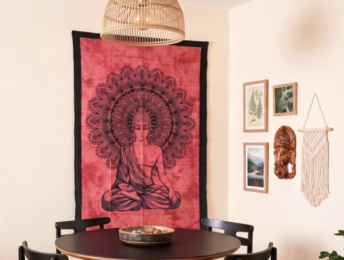 pano de bud decorativo em tie dye terracota e preto Panô indiano de algodão estampa de Buda coral terracota 2,10m