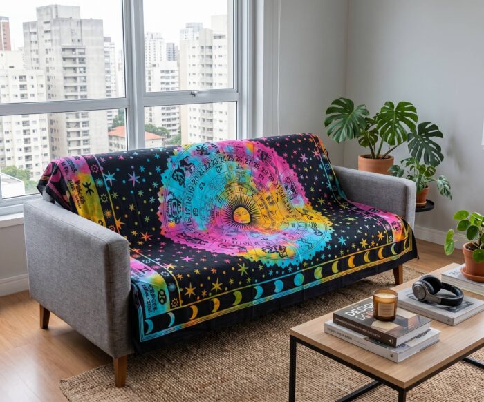 Panô indiano de algodão estampa signos color batik 2,10m