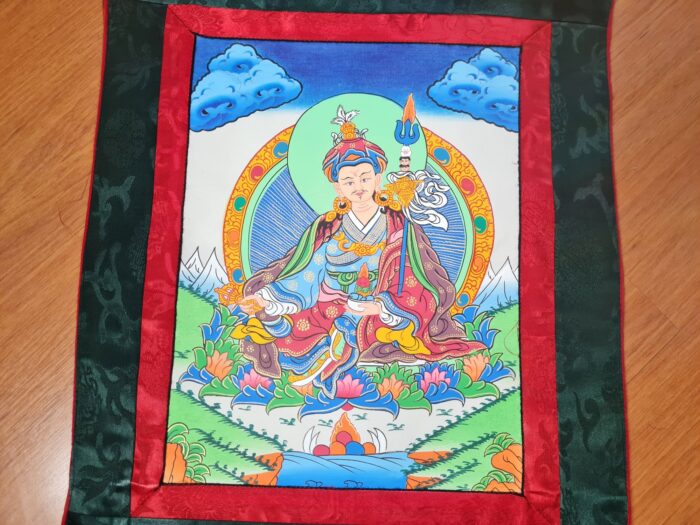 20230212_134931 Painel de obra de arte Thangka Padmasambhava em tecido Jacquard verde escuro