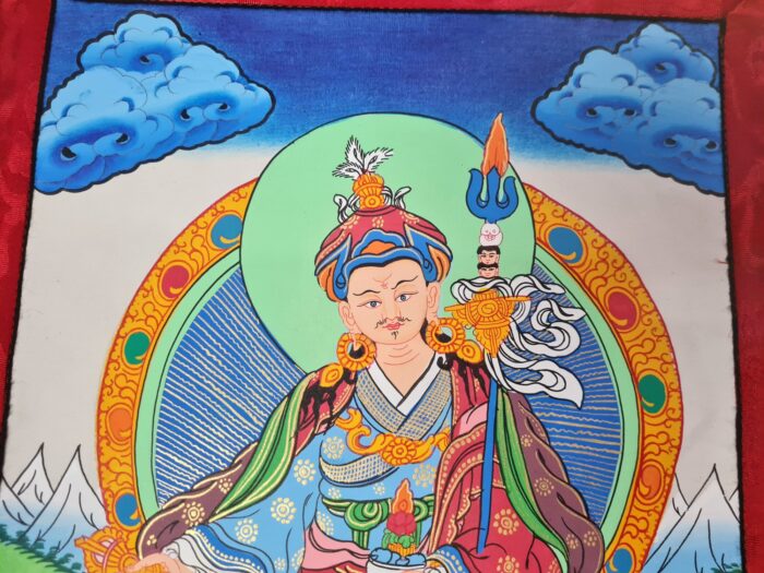 20230212_134933 Painel de obra de arte Thangka Padmasambhava em tecido Jacquard verde escuro