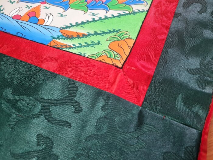 20230212_134939 Painel de obra de arte Thangka Padmasambhava em tecido Jacquard verde escuro