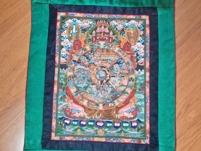 Painel de obra de arte Thangka Roda da Vida em tecido Jacquard verde