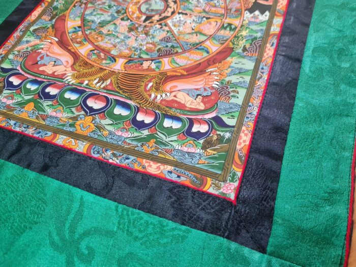 Painel de obra de arte Thangka Roda da Vida em tecido Jacquard verde