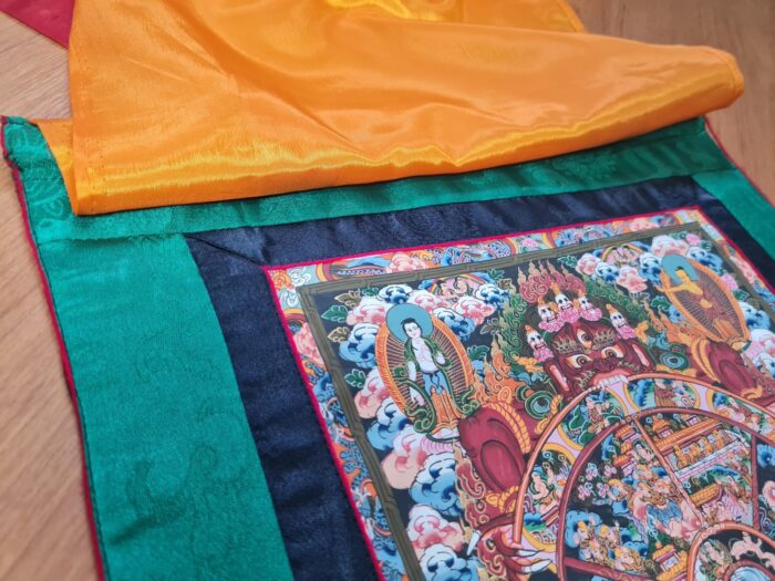 Painel de obra de arte Thangka Roda da Vida em tecido Jacquard verde