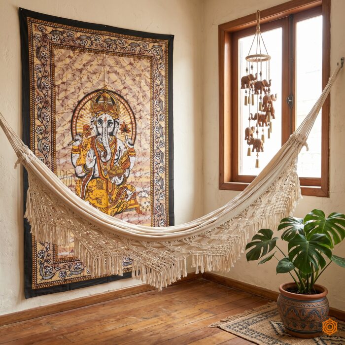 pano decorativo Ganesha Colcha indiana ou painel de algodão estampa de Ganesha amarelo 2,10m