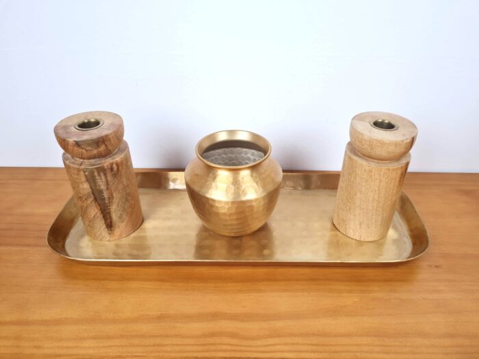 Kit decorativo indiano de bandeja, castiçais e vaso