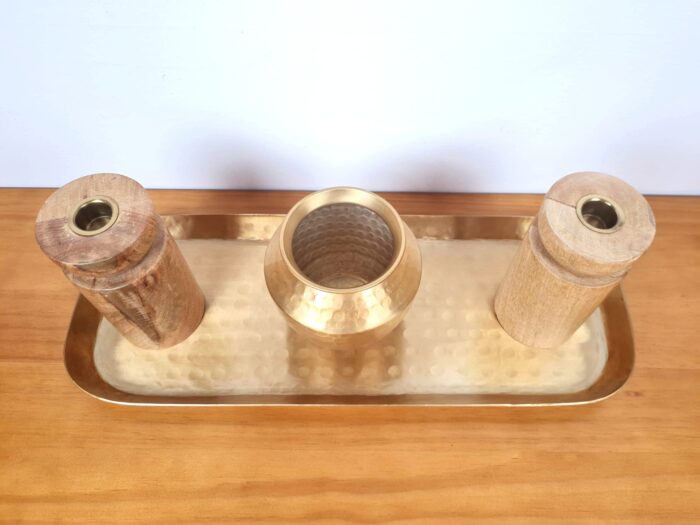 Conjunto decorativo indiano bandeja vaso e castiçais