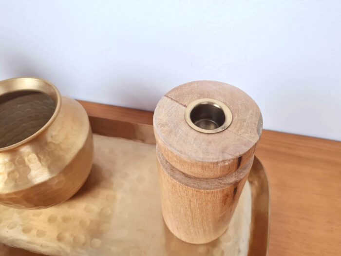 Conjunto decorativo indiano bandeja vaso e castiçais