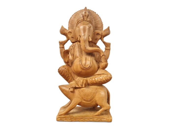 Estátua indiana de Ganesha esculpida em madeira maciça 21cm