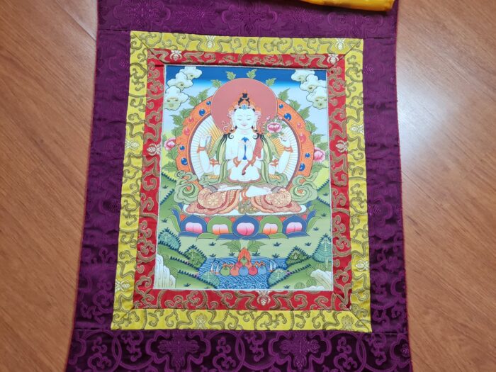 Painel de obra de arte Thangka Avalokiteshvara O Buda da Compaixão com seda