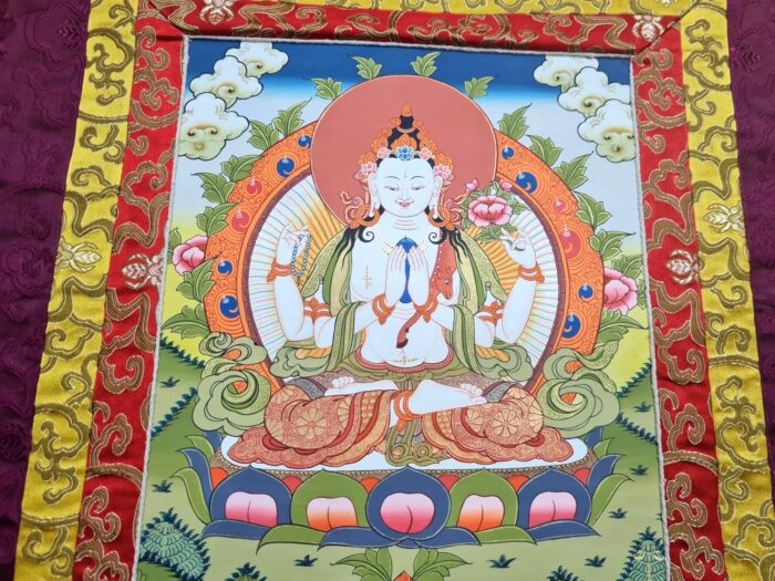 Painel de obra de arte Thangka Avalokiteshvara O Buda da Compaixão com seda
