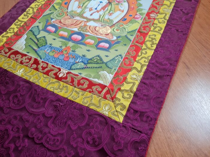 Painel de obra de arte Thangka Avalokiteshvara O Buda da Compaixão com seda