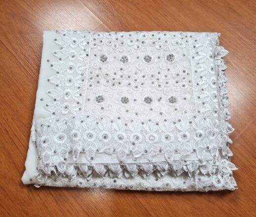 saree indiano branco com prata bordado, em crepe de seda