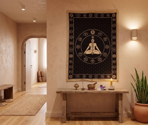 panô decorativo indiano de chakras preto e dourado (coleção Gold Black), 100cm