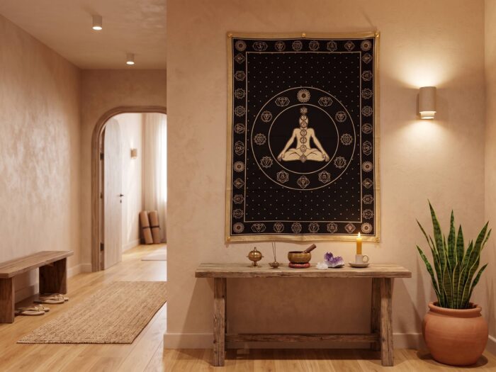 panô decorativo indiano de chakras preto e dourado (coleção Gold Black), 100cm