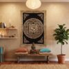 pano decorativo indiano preto e dourado com chakras, om e mandala yantra Panô indiano Coleção Gold Black estampa mandala de OM 100cm