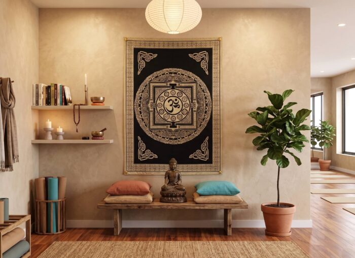 pano decorativo indiano preto e dourado com chakras, om e mandala yantra Panô indiano Coleção Gold Black estampa mandala de OM 100cm