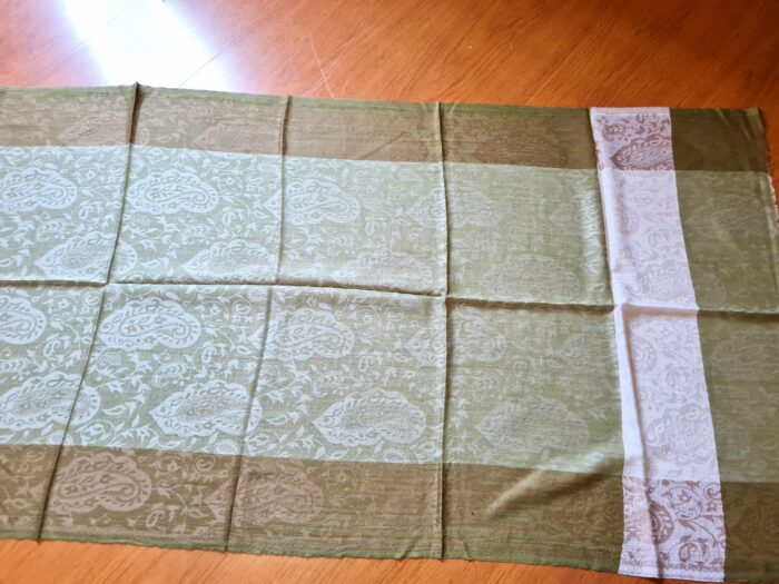 20250308_140047 Pashimina indiana de cashmere estampa paisleys tons de creme e verde