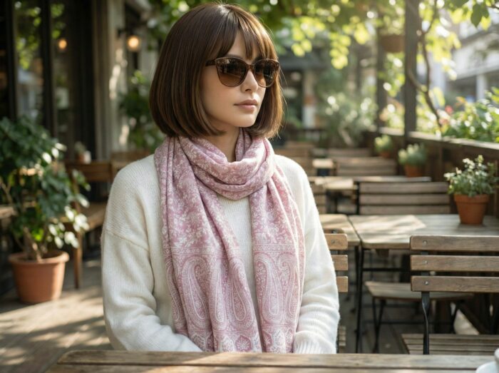 Echarpe indiana algodão com viscose dupla face estampa de arabescos rosa e offwhite