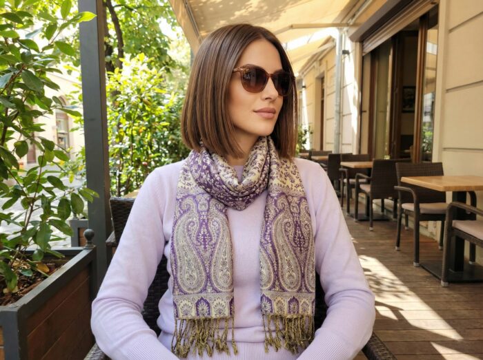 lenço indiano dupla face estampa paisleys viscose roxo e bege