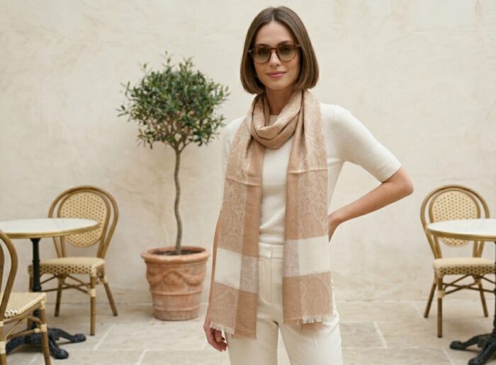 Pashimina indiana de cashmere estampa paisleys creme e tons de nude