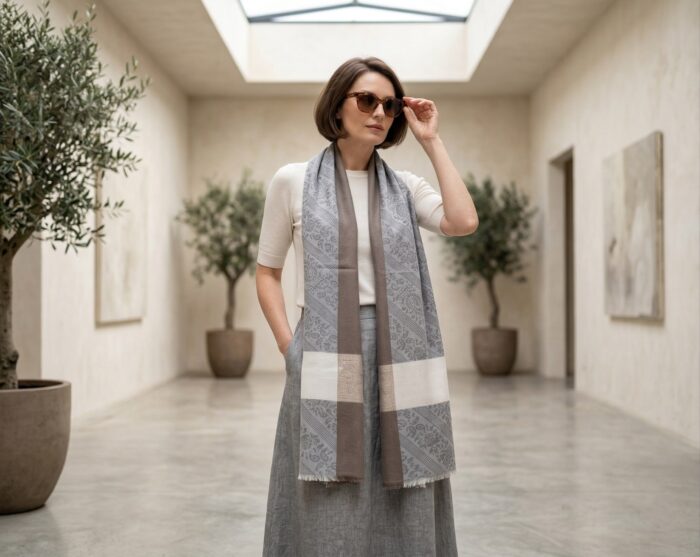 pashmina indiana original cinza floral com nude Pashimina indiana de cashmere estampa paisleys tons de bege e cinza
