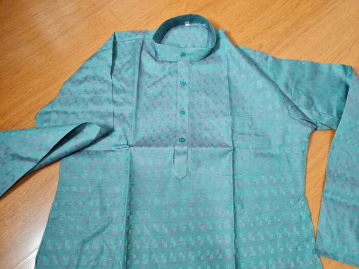 Kurta de algodão (bata masculina longa) quadriculada verde