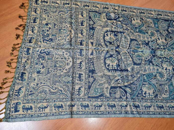 Echarpe indiana algodão com viscose dupla face estampa de arabescos azul e verde